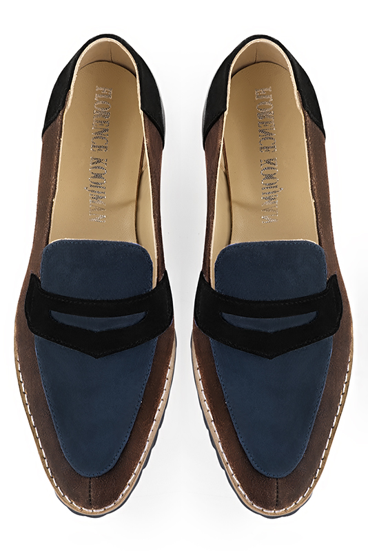 Dark brown, navy blue and matt black women's casual loafers. Round toe. Flat rubber soles. Top view - Florence KOOIJMAN